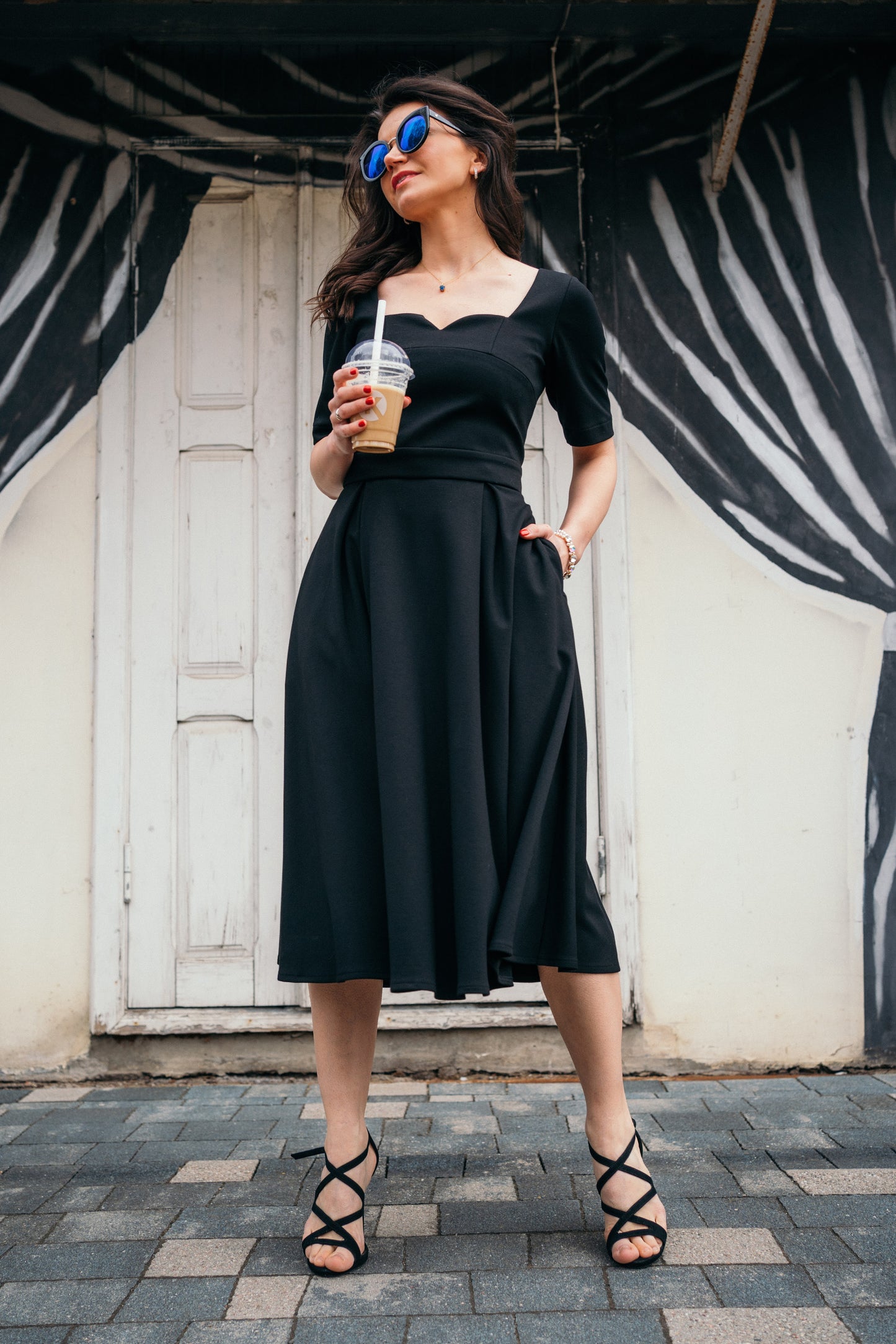 Pearl black below-the-knee A-lined skirt with pockets