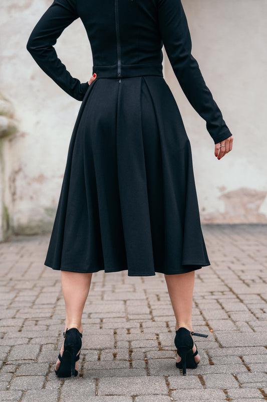 Pearl black below-the-knee A-lined skirt with pockets