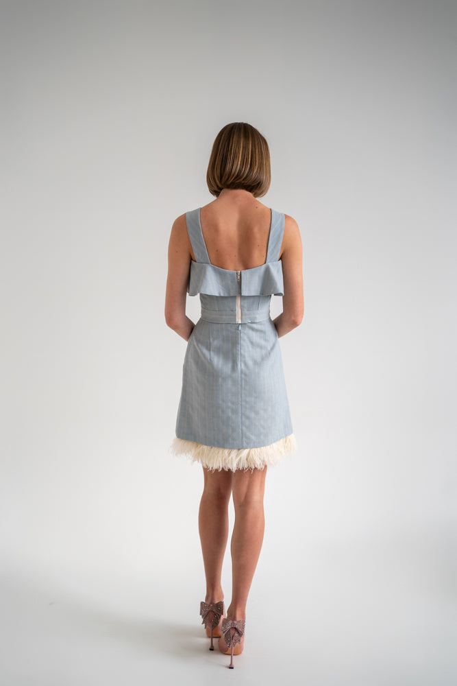 beautiful woman in a two-piece feather dress - it consists of a light blue ruffled corset top and a feather mini skirt. this picture is made from the back, making the ecru white zipper delicately visible